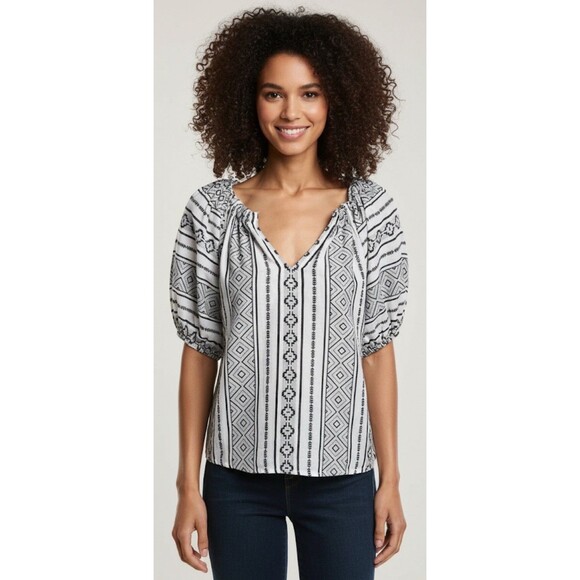 VELVET Graham & Spencer Kimmy Boho Jacquard B/W Puff S/S Peasant Top Ret $128 XS - Picture 1 of 5
